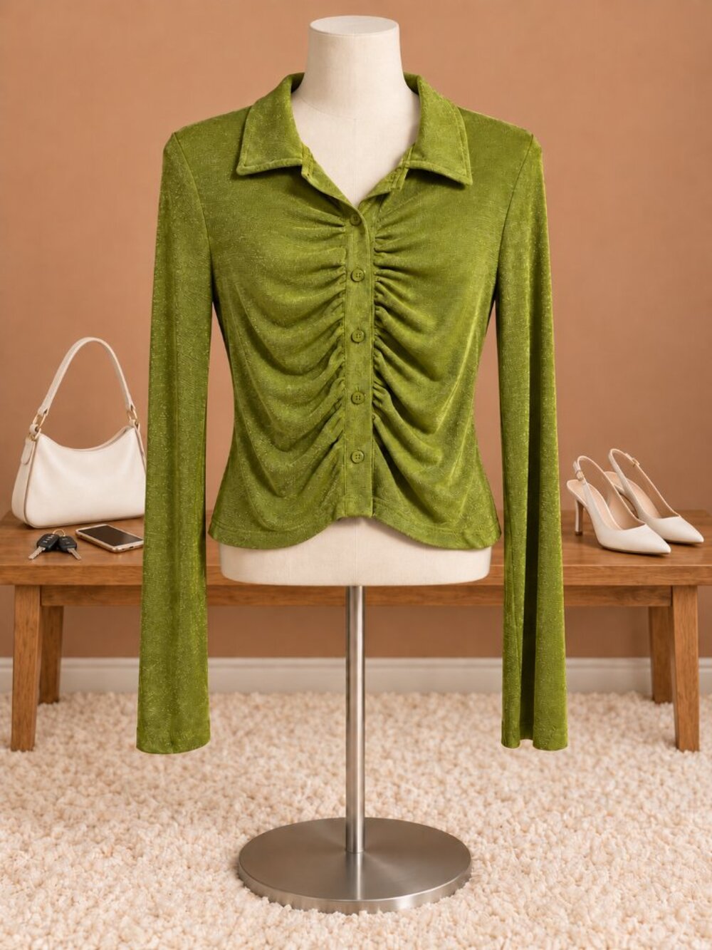 Shimmery Olive Green Ruched Front Long Sleeve Button Top Form Fitted Crop Medium